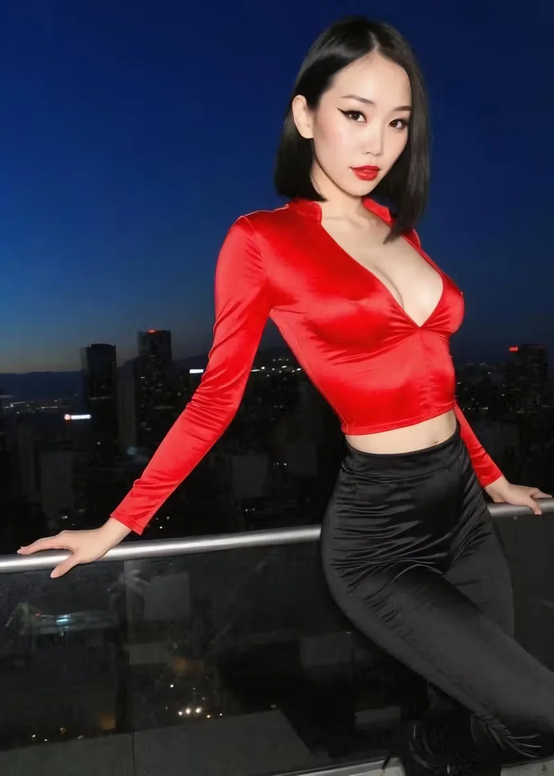 Adult woman in a red blouse and black skirt above a city skyline