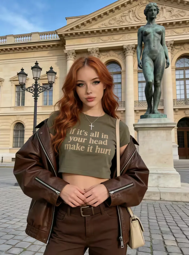 Adult red-haired woman in a brown leather jacket outside a museum